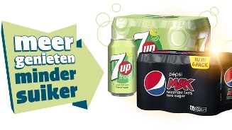 Promotie van 7UP Free en Pepsi Max zonder suiker met de slogan "meer genieten minder suiker".