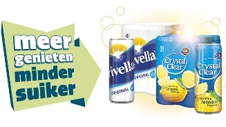 Promotie van Rivella Original en Crystal Clear Sparkling Lemon drinken met de slogan "meer genieten, minder suiker".