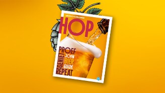 Magazinecover van HOP met schuimend bier, een bierflesje en tekst 'Proef jouw bier guide' op een gele achtergrond