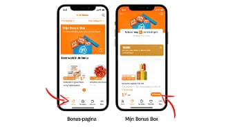 Twee smartphoneschermen met Albert Heijn-appweergave: links de Bonus-pagina en rechts de Mijn Bonus Box-sectie.