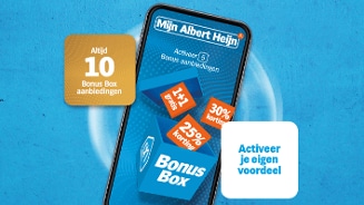 Afbeelding van de Albert Heijn Bonus Box op een smartphone met kortingsaanbiedingen zoals 1+1 gratis, 25% en 30% korting.