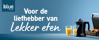 Klue Home keukenapparatuur met de tekst "Voor de liefhebber van lekker eten" en een assortiment van keukenapparaten, waaronder een blender en een tosti-ijzer.