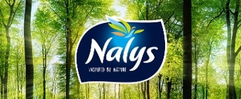 Nalys-logo tegen een achtergrond van een zonnig bos.