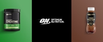 Optimum Nutrition Gold Standard Whey, Micronised Creatine Powder, High Protein Shake en Electrolyte Powder verpakkingen op een kleurrijke achtergrond met het Optimum Nutrition logo in het midden