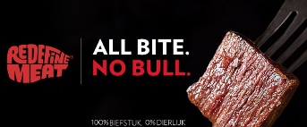 Redefine Meat reclamebanner met slogan 'All bite. No bull.' en een stuk plantaardige biefstuk op een vork