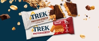 Proteinrepen van het merk TREK en Lotus Biscoff met stukjes chocolade, havermout, en koekjes eromheen