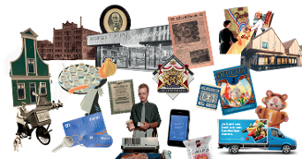 Collage van historische en moderne elementen van Albert Heijn, inclusief het oorspronkelijke winkelpand, vintage en hedendaagse verpakkingen, en een AH bezorgwagen.