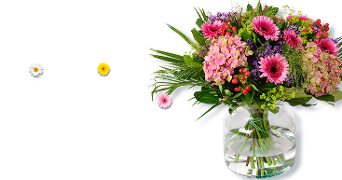 Boeket met roze en paarse bloemen in een glazen vaas met de tekst 'Ontdek een wereld vol'