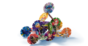 Een stapel kleurrijke schijfjes met bekende Disney- en Pixar-personages, waaronder Dory, Mickey Mouse, Winnie de Poeh en Assepoester.