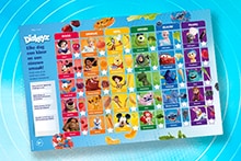 Afbeelding van een kleurrijke Disneyz-challenge kaart van Albert Heijn, waarop Disney figuren en groenten & fruit in regenboogkleuren (rood, oranje, geel, groen, blauw en paars) staan. De kaart moedigt kinderen aan om verschillende soorten fruit en groenten te proeven met behulp van hun favoriete Disney karakters.