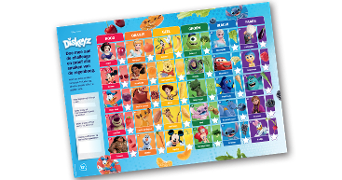 Afbeelding van een kleurrijke Disneyz-challenge kaart van Albert Heijn, waarop Disney figuren en groenten & fruit in regenboogkleuren (rood, oranje, geel, groen, blauw en paars) staan. De kaart moedigt kinderen aan om verschillende soorten fruit en groenten te proeven met behulp van hun favoriete Disney karakters.