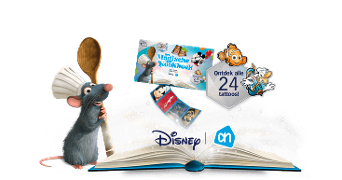 Promotie-afbeelding voor het Magische Kookboek met Disney-thema bij Albert Heijn, inclusief sets van 24 tatoeages, met figuren zoals Remy van Ratatouille en Nemo.