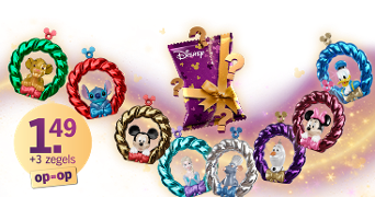Disney spaaractie bij Albert Heijn met verzamelbare Disney figuren in kleurrijke ringen, een paarse verpakking met strik, vanaf 1,49 euro plus 3 zegels, zolang de voorraad strekt
