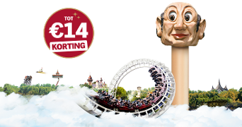 Attractiepark promotie met grote "tot €14 korting" sticker, achtbaan en sprookjesachtige gebouwen op de achtergrond.