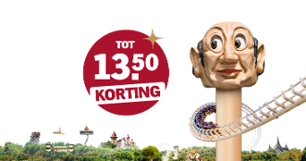 Tot 13,50 euro korting op pretparkbezoeken met achtbaan en attracties in de achtergrond.