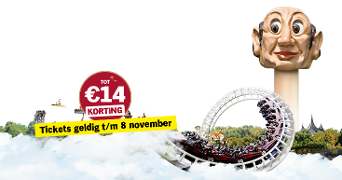 Afbeelding van een achtbaan met mensen erin in een pretpark, met een ronde sticker waarop staat "Tot €14 korting" en een gele balk met de tekst "Tickets geldig t/m 8 november".