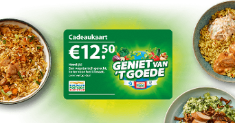 Cadeaukaart van €12,50 voor een vegetarisch gerecht, naast kleurrijke rijstgerechten, met logo van de Nationale Postcode Loterij en tekst "Geniet van 't Goede".
