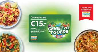 Cadeaukaart van €15 voor vegetarische gerechten met het logo van de Nationale Postcode Loterij, omringd door kleurrijke vegetarische maaltijden op een groene achtergrond