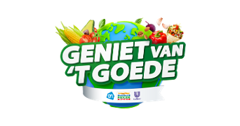 Logo met tekst 'Geniet van 't Goede' op een wereldbol, omringd door groenten en fruit, met de logo's van Albert Heijn, Postcode Loterij en Unilever onderaan