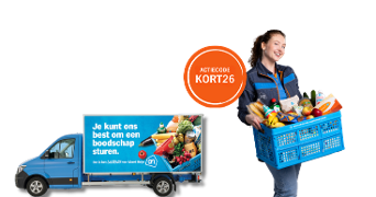 Bezorgauto van Albert Heijn met een boodschap 'Je kunt ons best om een boodschap sturen', naast een bezorgster die een blauwe krat vol boodschappen draagt. Daarnaast een oranje cirkel met actiecode 'KORT26'.