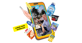 Afbeelding van een smartphone met het Albert Heijn-logo, waarop een groep mensen buiten samen zit. Rondom de telefoon staan diverse A-merk producten zoals Lenor wasmiddel, Alpro plantaardige yoghurt, Quaker Chewy Bar, Herta Finesse kipfilet, bananen, een fles wijn en DubbelFrisss, met een gele tekstballon: "Laatste week verzilveren!"