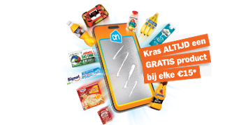 Smartphone met krasactie, omringd door diverse A-merk producten zoals Ariel, Coca-Cola, Capri-Sun, Dr. Oetker pizza, Chocomel en bananen, met tekst: "Kras ALTIJD een GRATIS product bij elke €15*".