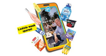 Telefoon met de Verhulstjes in en wat producten die rondzweven, ernaast staat een gele banner met `Laatste Week Sparen`