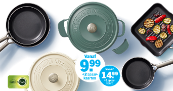 Afbeelding van GreenPan pannen, waaronder twee braadpannen en een grillpan met gegrilde groenten, met een promotie vanaf €9,99 bij Albert Heijn.
