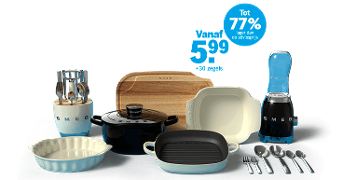 Smeg keukengerei promotie met korting tot 77% en prijzen vanaf 5,99 euro plus 30 zegels, inclusief schalen, blender, bakplaten en bestek.