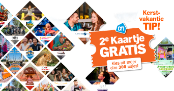 Verschillende soorten activiteiten in ruitvormige afbeeldingen. Banner met 2e kaartje gratis en kies uit meer dan 300 uitjes! Inclusief een bol met kerstvakantie tip.