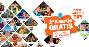 Promotieafbeelding van Albert Heijn met tekst '2e Kaartje Gratis' en 'Kies uit meer dan 300 uitjes!', diverse uitjes zoals dierentuinen, speeltuinen, boerderijen en zwembaden, en een tip voor de kerstvakantie.