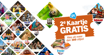 Promotie afbeelding voor "2e Kaartje Gratis" actie bij Albert Heijn, met keuze uit meer dan 300 uitjes zoals Apenheul, Hellendoorn en Drievliet.