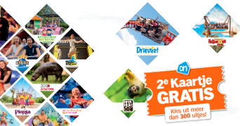 Alt tekst: Actie-afbeelding van Albert Heijn waarbij het tweede kaartje gratis is voor meer dan 300 uitjes, met foto's van populaire attracties en dierentuinen zoals Movie Park, Avonturenboerderij, Drievliet, Walibi Holland, Zoo Antwerpen, Plopsa, Apenheul en Madurodam.