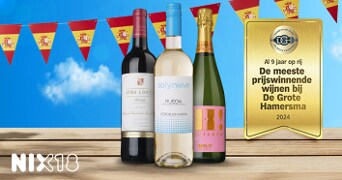 Promotieafbeelding van prijswinnende wijnen bij De Grote Hamersma 2024, met Vina Lorea Rioja, Sol y Nieve Rueda Verdejo-Viura en Vilona Cava.