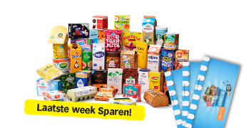 Verschillende levensmiddelen en A-merken producten met spaarkaarten, voorzien van de tekst 'Laatste week Sparen!'