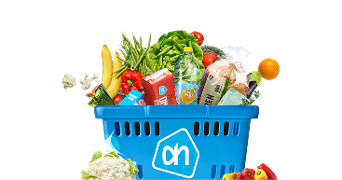 Albert Heijn winkelmand gevuld met diverse boodschappen, waaronder groenten, fruit, brood, melk en waterfles.