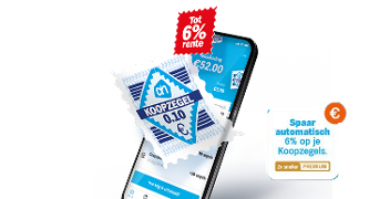 Illustratie van de digitale AH koopzegel van 0,10 euro op een smartphone, met tekst over tot 6% rente en automatisch sparen bij Albert Heijn.