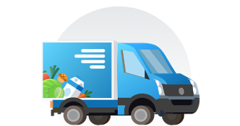 Blauwe bezorgwagen met boodschappen zoals groente, fruit en zuivel prominent afgebeeld op de zijkant.