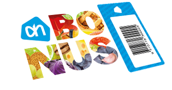 Albert Heijn Bonus-logo met barcode-tag, gevuld met afbeeldingen van diverse voedingsmiddelen zoals brood, fruit en groenten.