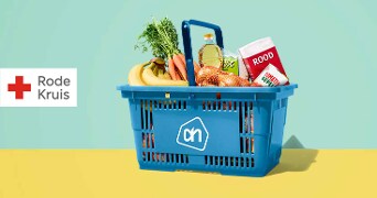 Albert Heijn boodschappenmand gevuld met diverse producten, naast een logo van het Rode Kruis.