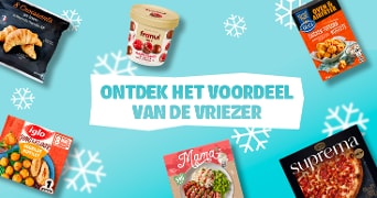 Promotie van diepvriesproducten met Iglo kippie, Duc d'O kipnuggets, Franui frambozenchocolade, Mama's wereldgerechten en Suprema pizza.