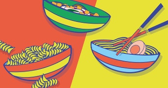Decoratieve afbeelding van drie kommen met verschillende soorten pasta en noedels met levendige kleuren.