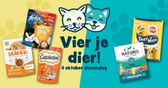 Promotie voor dierendag op 4 oktober met verschillende merken dierenvoeding, waaronder Felix, IAMS, Pedigree en Naturo.