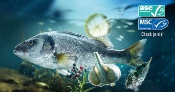 Hele verse vis onder water met kruiden, knoflook, citroen en de ASC en MSC keurmerken