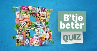 Collage van A-merk producten in de vorm van een letter B op een blauwe achtergrond, met daarnaast de tekst "B’tje beter QUIZ".