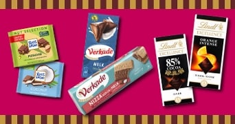 Assortiment van chocoladerepen van de merken Ritter Sport, Verkade en Lindt op een roze achtergrond