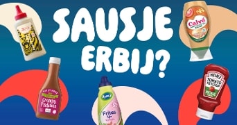 Sausje erbij? met verschillende sauzen: Zaanse mayonaise, Calvé knoflooksaus, Heinz Tomato Ketchup Pickle, Remia friteslijn knoflook en Guilt Free Crunchy Pindasaus op een kleurrijke achtergrond