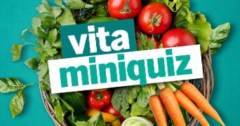 Mand met verse groenten zoals tomaten, wortels, broccoli en kruiden met de tekst 'vita miniquiz' op een turquoise achtergrond