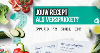 Promotie voor het insturen van je recept als verspakket bij Albert Heijn, omringd door diverse groenten en tomatenpuree.