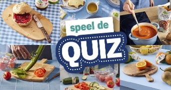 Collage van ontbijt- en lunchproducten met tekst "speel de QUIZ" in het midden.